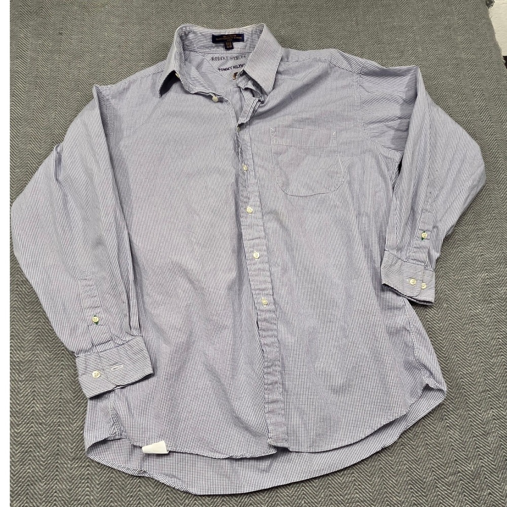 Tommy Hilfiger Mens Blue White Micro Check Cotton Button Down Shirt 15.5 32-33